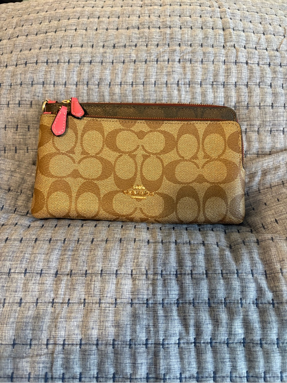 Coach Signature Canvas Zip Wristlet in Brown with Pink Accents